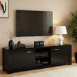 Snug black 160cm entertainment unit with cabinets and shelves in a modern living room