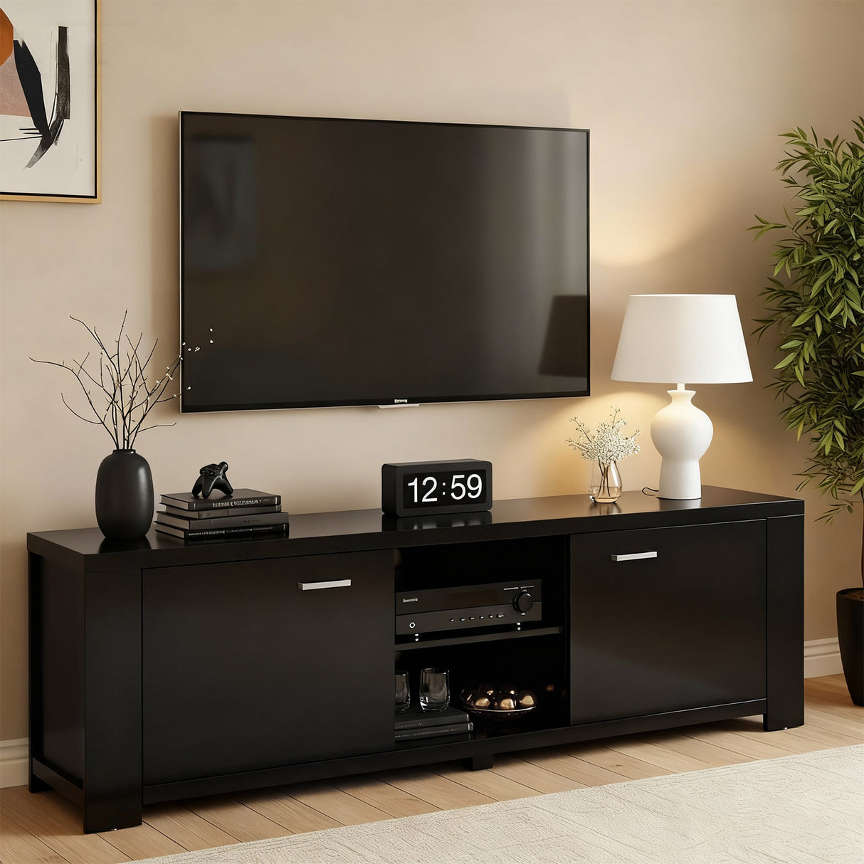 Snug black 160cm entertainment unit with cabinets and shelves in a modern living room