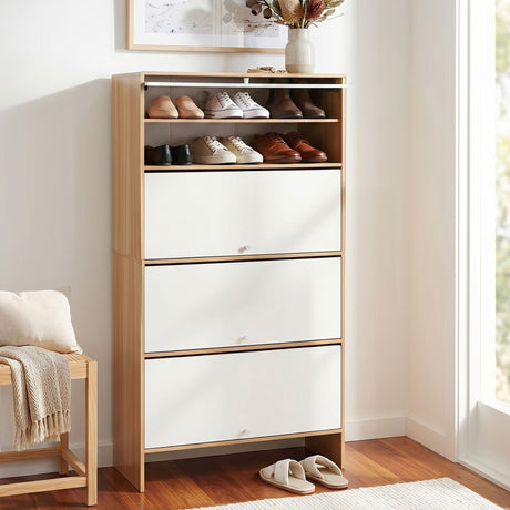 Navarre 8 Tier Narrow Shoe Cabinet, White and Pine image 1