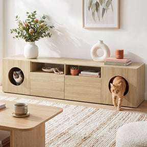 Hobart pine 185cm TV unit with built in cat house in a modern living room