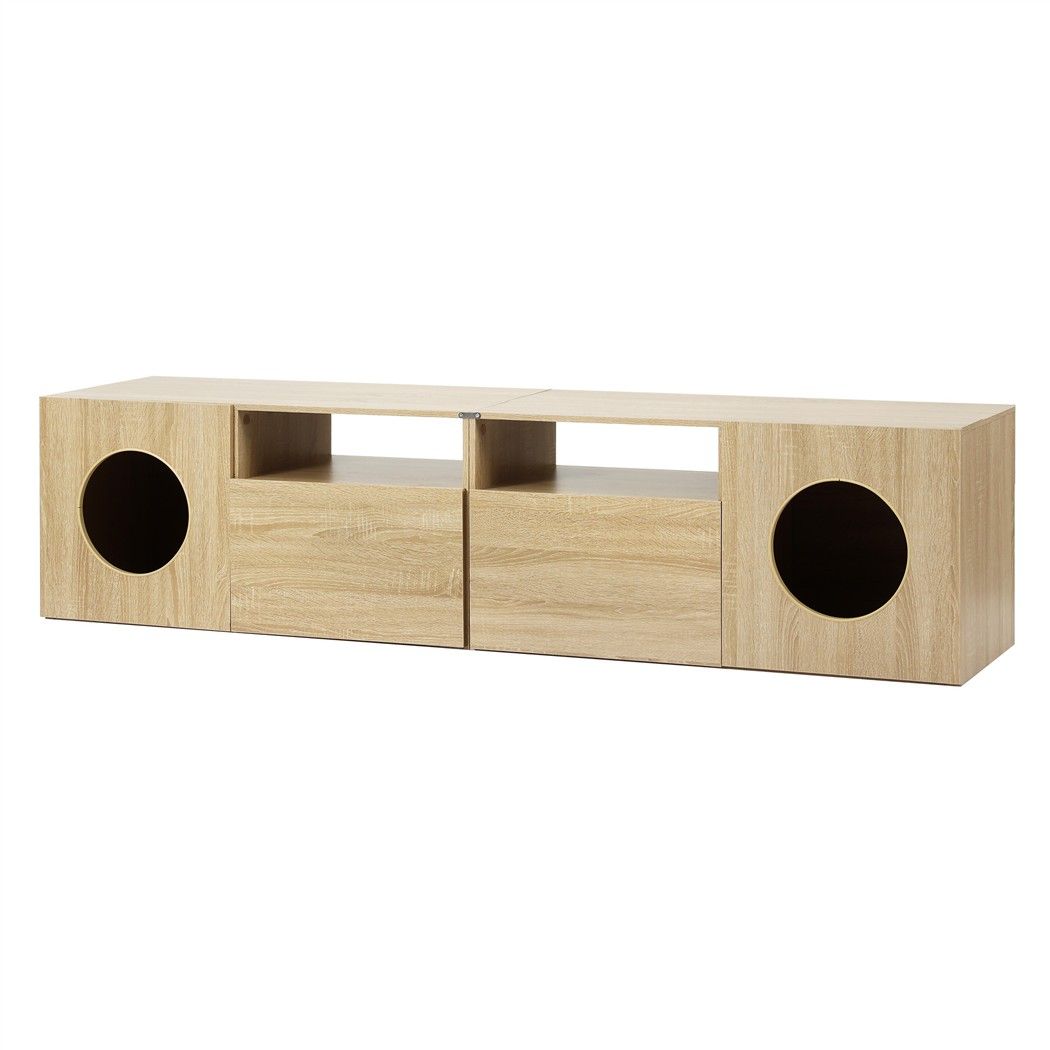 Hobart pine 185cm TV unit with built in cat house in a modern living room