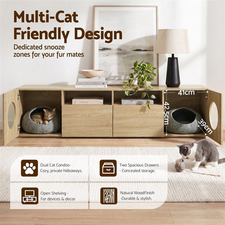 Hobart pine 185cm TV unit with built in cat house in a modern living room
