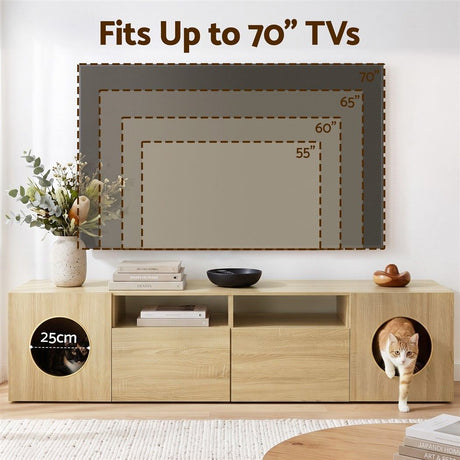Hobart pine 185cm TV unit with built in cat house in a modern living room