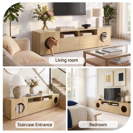 Hobart pine 185cm TV unit with built in cat house in a modern living room
