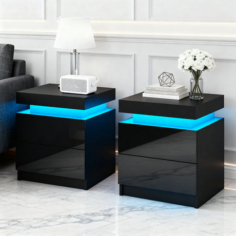 Woodenbong LED Lift Up Storage Bedside Table, Black 2pcs