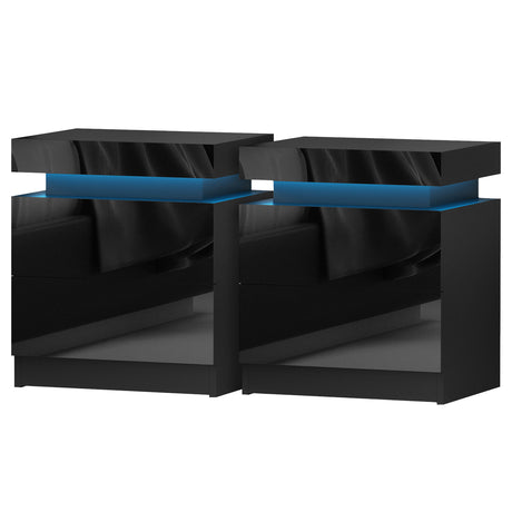 Woodenbong LED Lift Up Storage Bedside Table, Black 2pcs