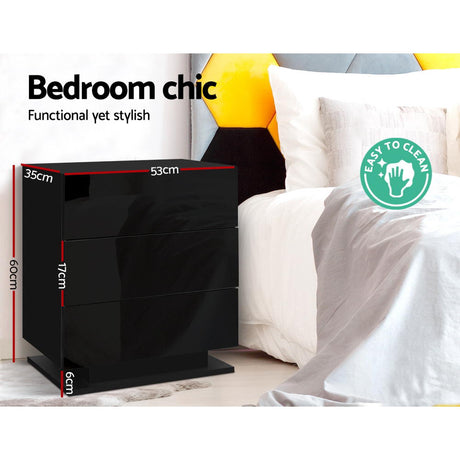 Tabulam LED 3 Drawer Bedside Table, Black
