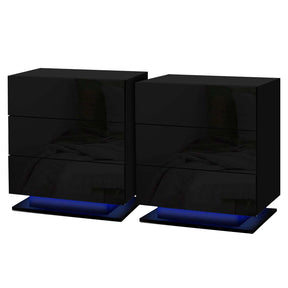 Tabulam LED 3 Drawer Bedside Table, Black 2pcs