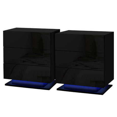 Tabulam LED 3 Drawer Bedside Table, Black 2pcs