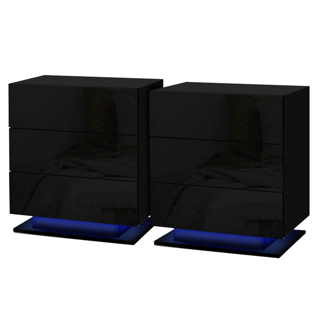 Tabulam LED 3 Drawer Bedside Table, Black 2pcs