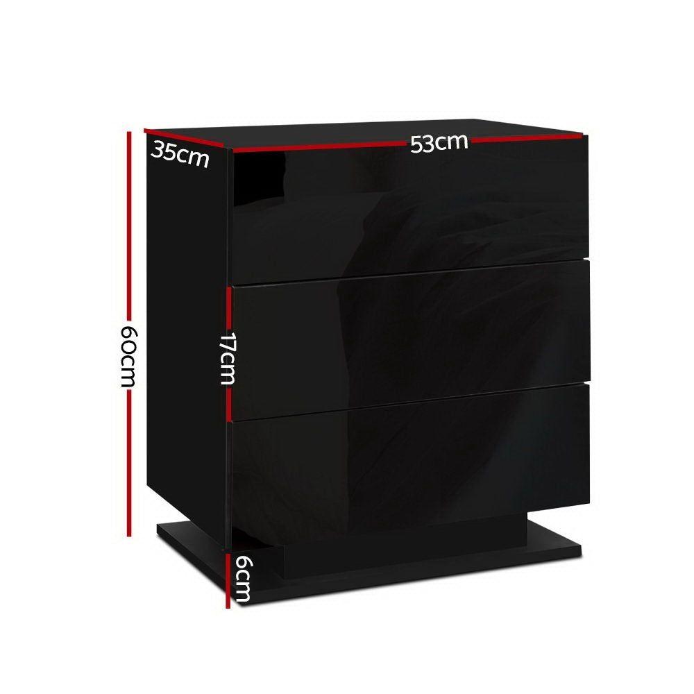 Tabulam LED 3 Drawer Bedside Table, Black 2pcs