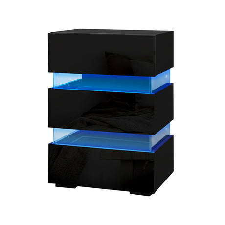 Casino LED 3 Drawer Bedside Table, Black 2pcs