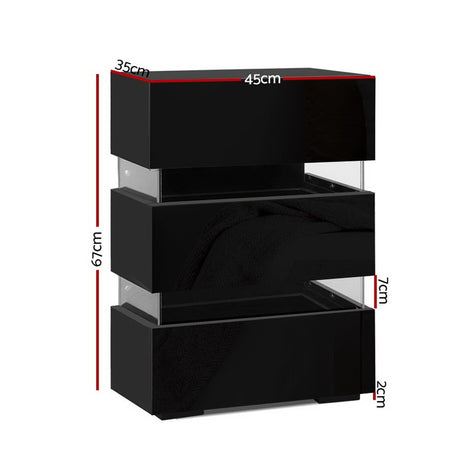 Casino LED 3 Drawer Bedside Table, Black 2pcs