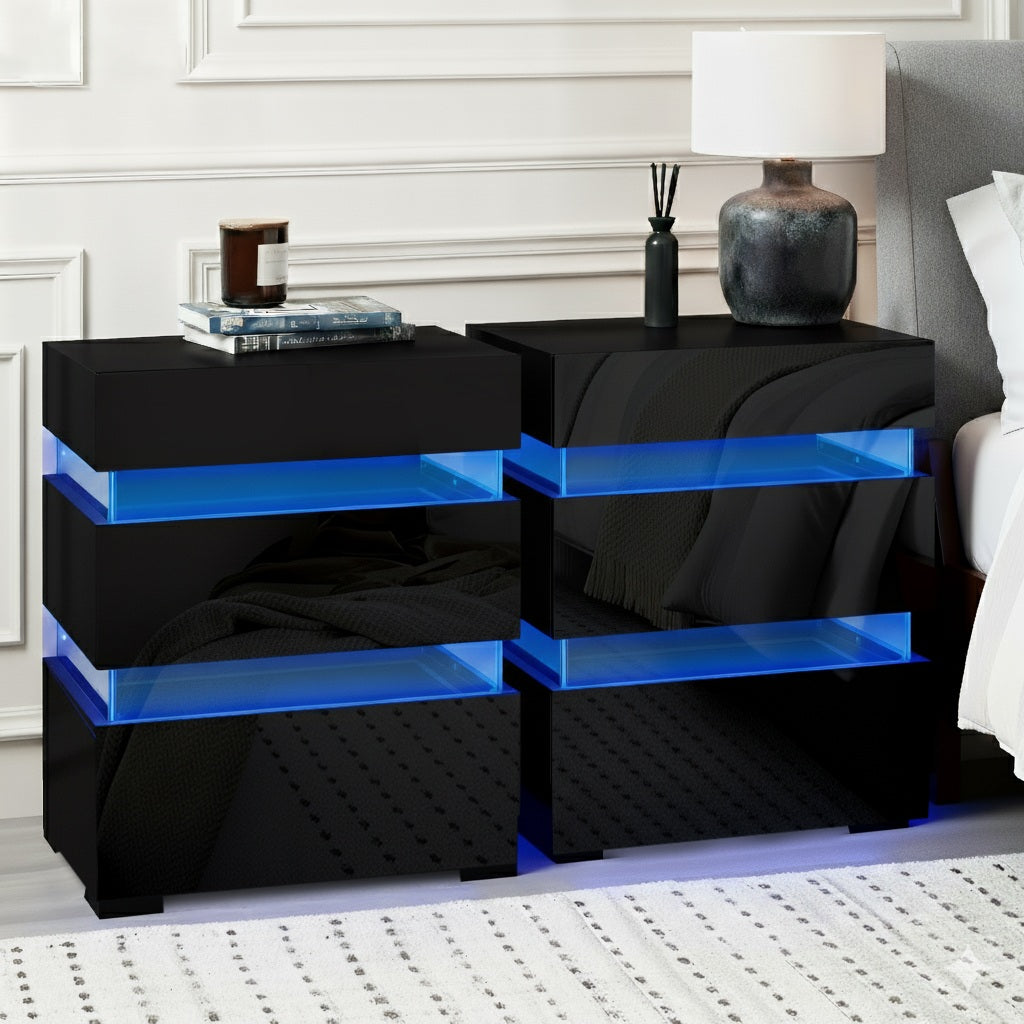 Casino LED 3 Drawer Bedside Table, Black 2pcs