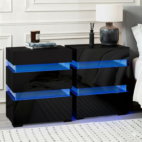 Casino LED 3 Drawer Bedside Table, Black 2pcs