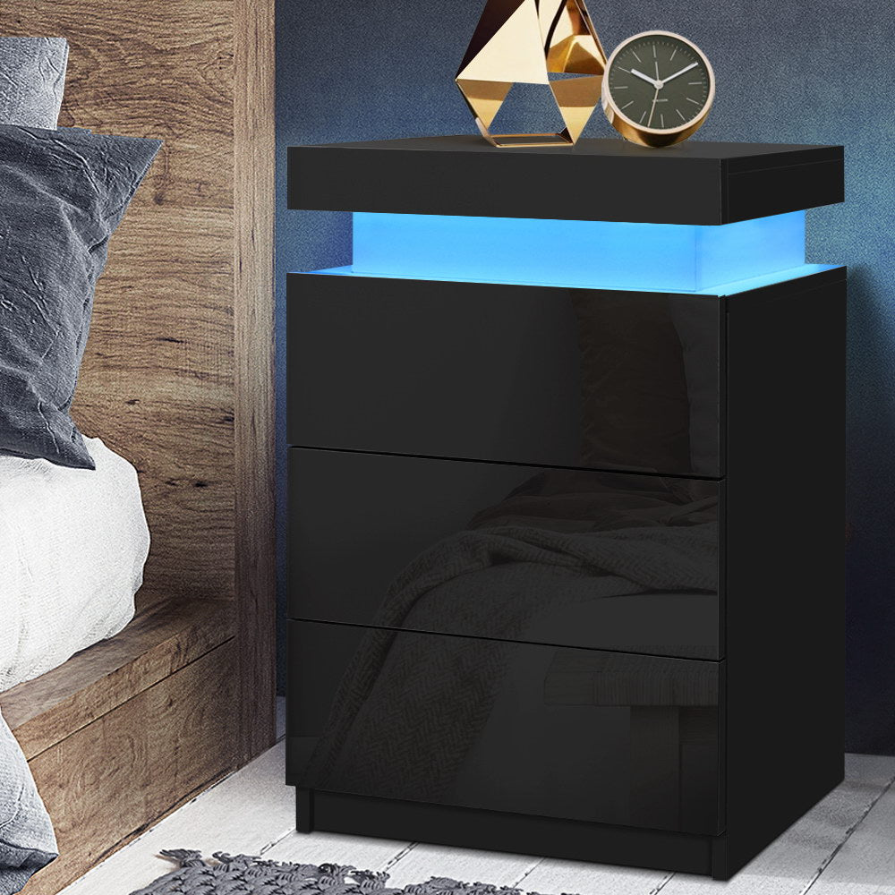 Main Arm LED Bedside Table 3 Drawers, Black