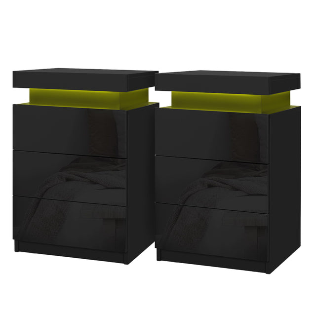 Main Arm LED Bedside Table 3 Drawers, Black 2pcs