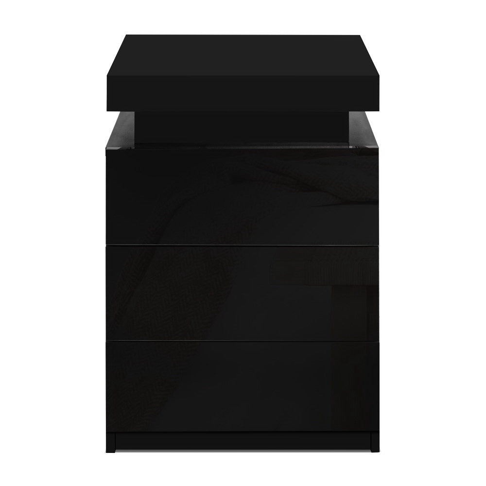 Main Arm LED Bedside Table 3 Drawers, Black 2pcs
