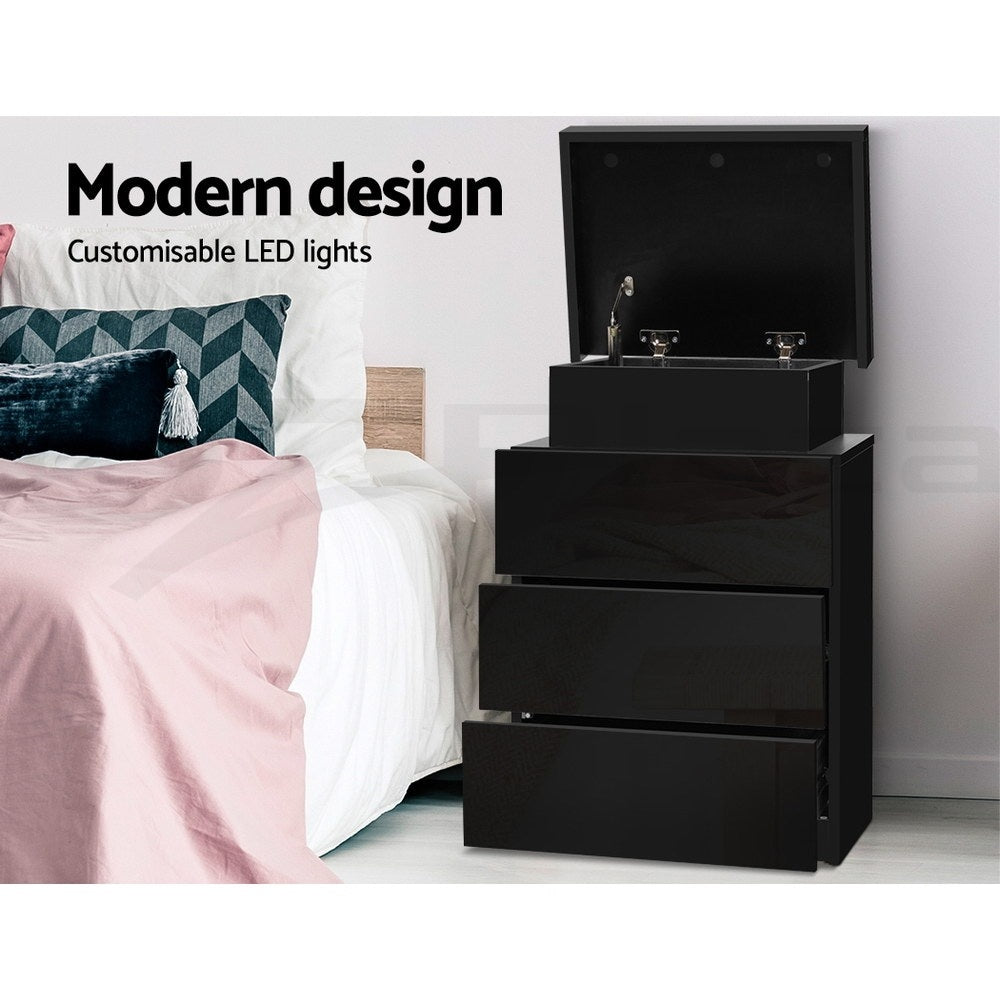 Main Arm LED Bedside Table 3 Drawers, Black 2pcs