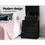 Main Arm LED Bedside Table 3 Drawers, Black 2pcs