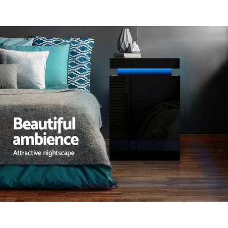 Main Arm LED Bedside Table 3 Drawers, Black 2pcs