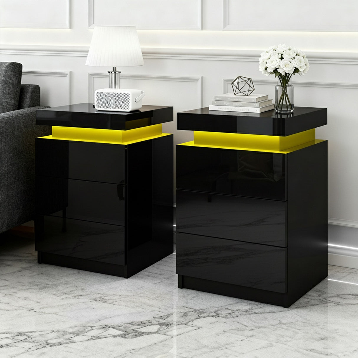 Main Arm LED Bedside Table 3 Drawers, Black 2pcs