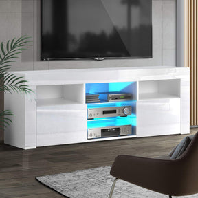 Oatlands 160cm white LED entertainment unit with colour changing lighting and glass shelves in a modern living room