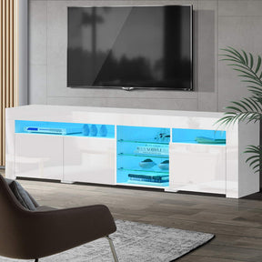 Brighton 180cm white LED TV cabinet with RGB lighting in a minimalist living room