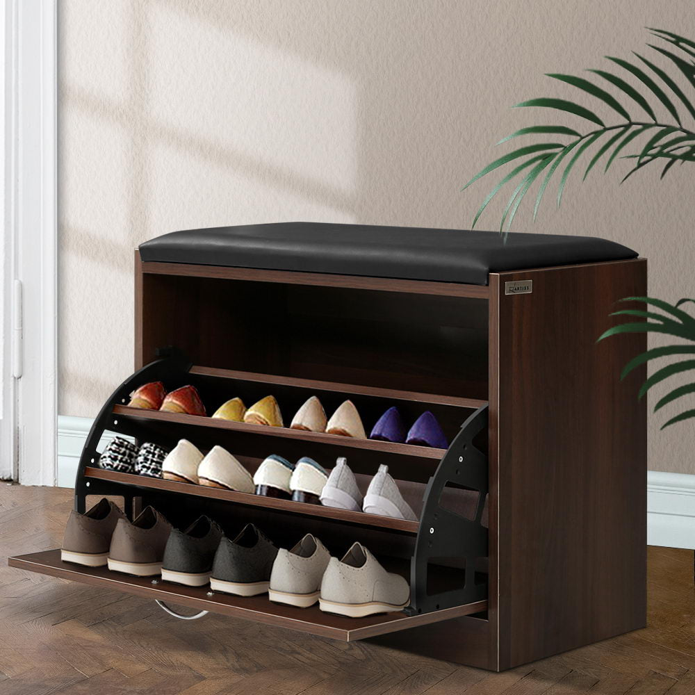 Artiss KYLA Walnut Shoe Rack Bench — 15 Pairs, PU Leather Upholstery — Allure Home Collections