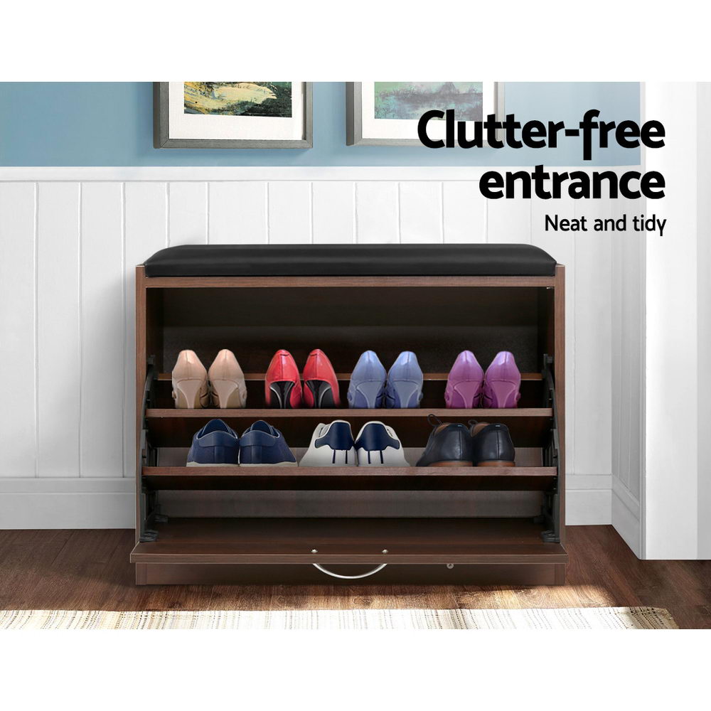 Artiss KYLA Walnut Shoe Rack Bench — 15 Pairs, PU Leather Upholstery — Allure Home Collections