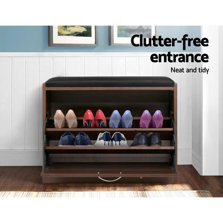 Artiss KYLA Walnut Shoe Rack Bench — 15 Pairs, PU Leather Upholstery — Allure Home Collections
