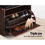 Artiss KYLA Walnut Shoe Rack Bench — 15 Pairs, PU Leather Upholstery — Allure Home Collections