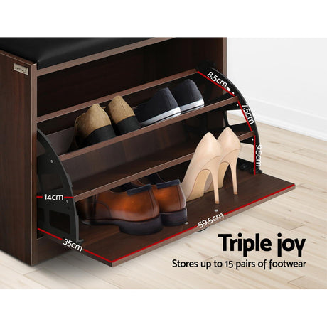 Artiss KYLA Walnut Shoe Rack Bench — 15 Pairs, PU Leather Upholstery — Allure Home Collections