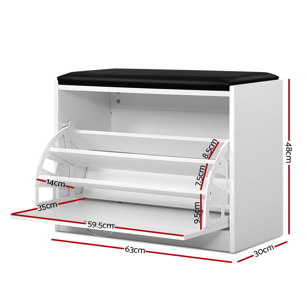 Artiss KYLA White Shoe Rack Cabinet Bench — 15 Pairs, PU Leather Seat — Allure Home Collections