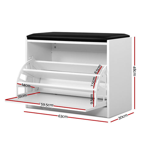 Artiss KYLA White Shoe Rack Cabinet Bench — 15 Pairs, PU Leather Seat — Allure Home Collections
