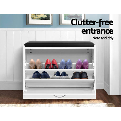 Artiss KYLA White Shoe Rack Cabinet Bench — 15 Pairs, PU Leather Seat — Allure Home Collections