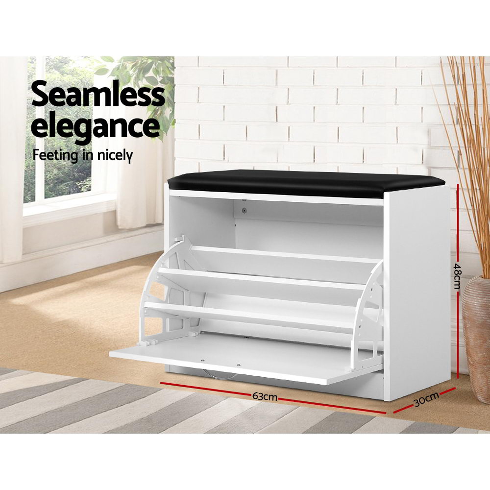 Artiss KYLA White Shoe Rack Cabinet Bench — 15 Pairs, PU Leather Seat — Allure Home Collections