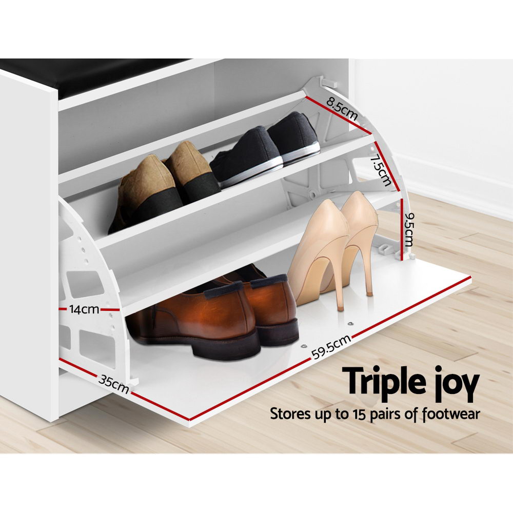 Artiss KYLA White Shoe Rack Cabinet Bench — 15 Pairs, PU Leather Seat — Allure Home Collections