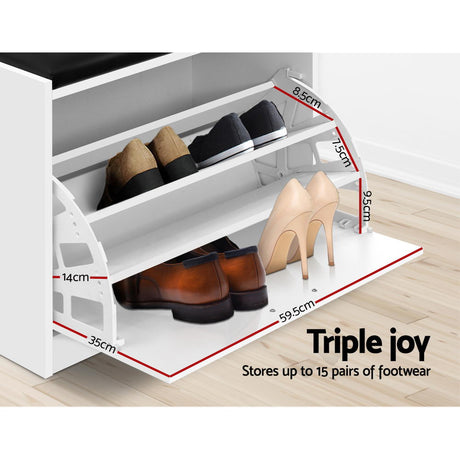 Artiss KYLA White Shoe Rack Cabinet Bench — 15 Pairs, PU Leather Seat — Allure Home Collections