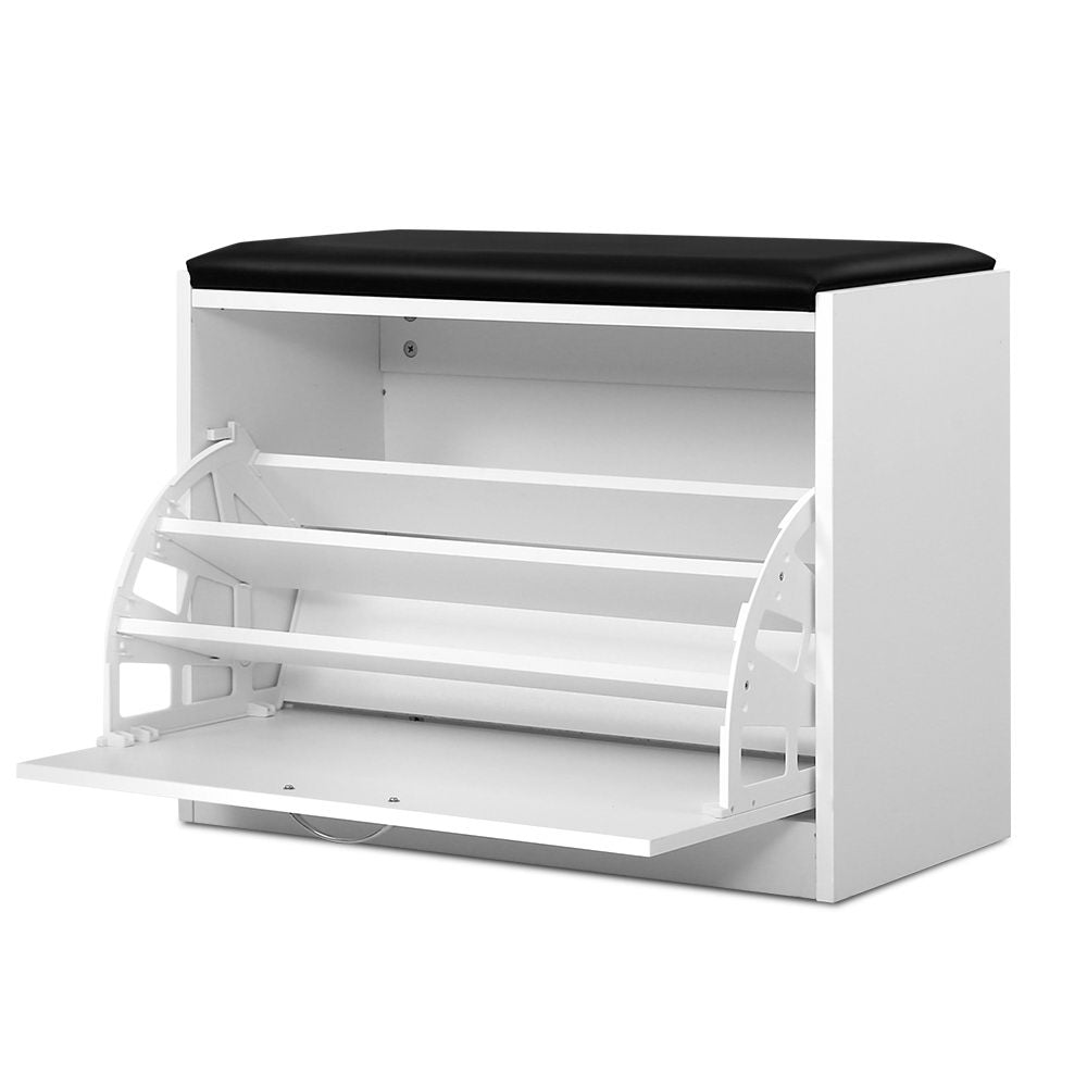 Artiss KYLA White Shoe Rack Cabinet Bench — 15 Pairs, PU Leather Seat — Allure Home Collections