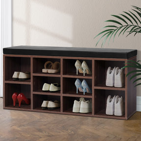 Esme walnut 10 cube shoe rack cabinet bench with cushioned PU leather seat in an entryway