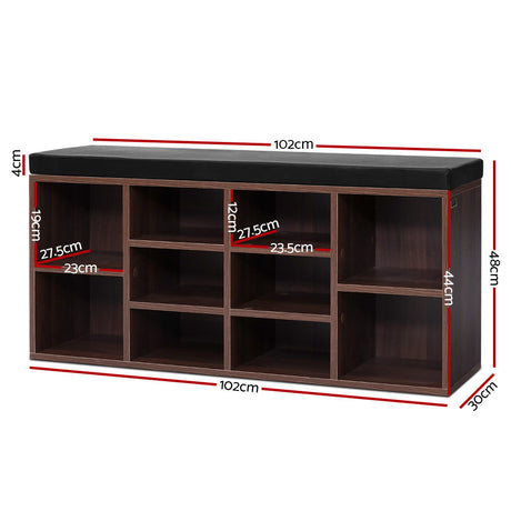 Walnut Shoe Rack Cabinet Bench with Cushioned Seat