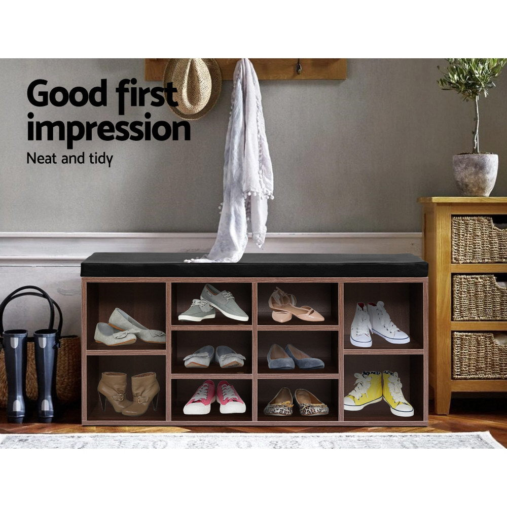 Walnut Shoe Rack Cabinet Bench with Cushioned Seat