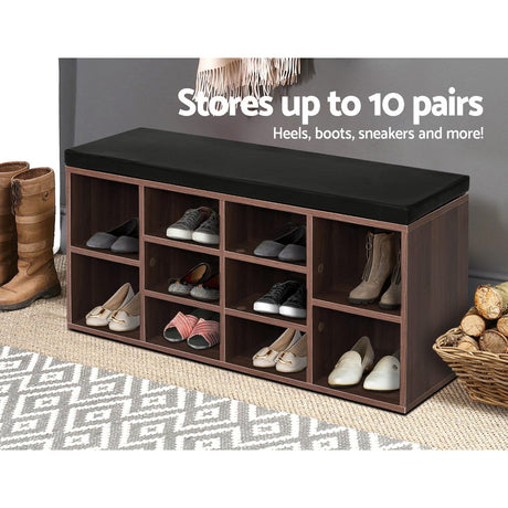 Walnut Shoe Rack Cabinet Bench with Cushioned Seat