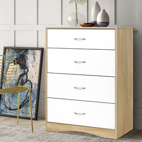 Della 4 drawer chest of drawers in a distinctive burl wood finish in a bedroom