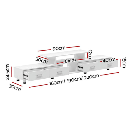 Bicheno white extendable three in one entertainment unit with four drawers in a modern living room