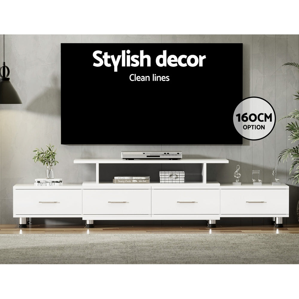 Bicheno white extendable three in one entertainment unit with four drawers in a modern living room