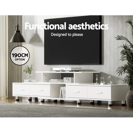 Bicheno white extendable three in one entertainment unit with four drawers in a modern living room
