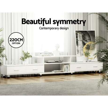 Bicheno white extendable three in one entertainment unit with four drawers in a modern living room