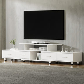 Bicheno white extendable three in one entertainment unit with four drawers in a modern living room